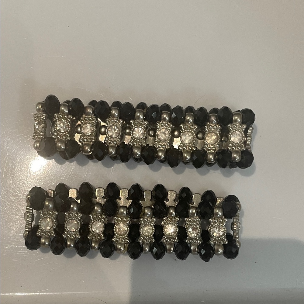 Black Beaded Rhinestone Stretch Bracelet Pair